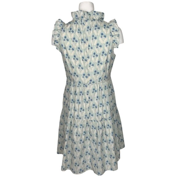 Sara Campbell Ruffle Dress 8 Blue Floral Mini Tiered Sleeveless Pockets Coastal - Picture 2 of 12
